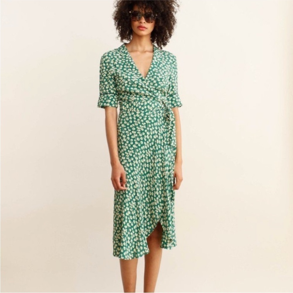 Dalton Silk Crepe Wrap Dress in Green Floral Print - Picture 4 of 11